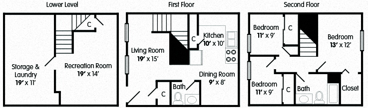Floor plan for 3 beds, 1.5 baths, 1373 sqft